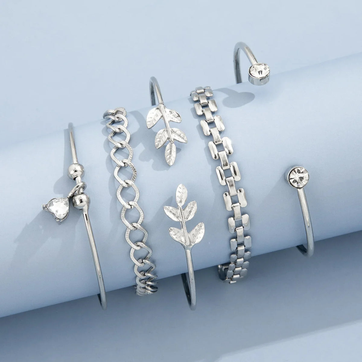 Bohemian Silver Color Geometric Link Chain Bracelet Set For Women Crystal Leaf Open Cuff Bangle Female Boho Jewelry Accessory