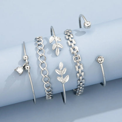 Bohemian Silver Color Geometric Link Chain Bracelet Set For Women Crystal Leaf Open Cuff Bangle Female Boho Jewelry Accessory