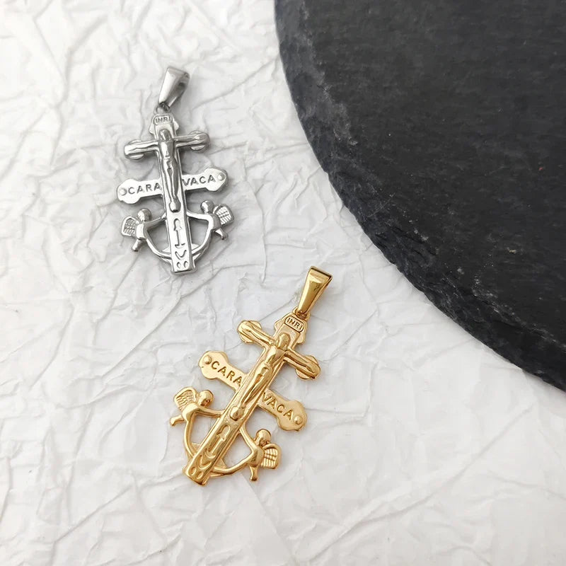 Caravaca De La Cruz Crucifix Pendant Christian Angels and Christ in Relief Stainless Steel Caravaca Cross Charms DIY Accessories