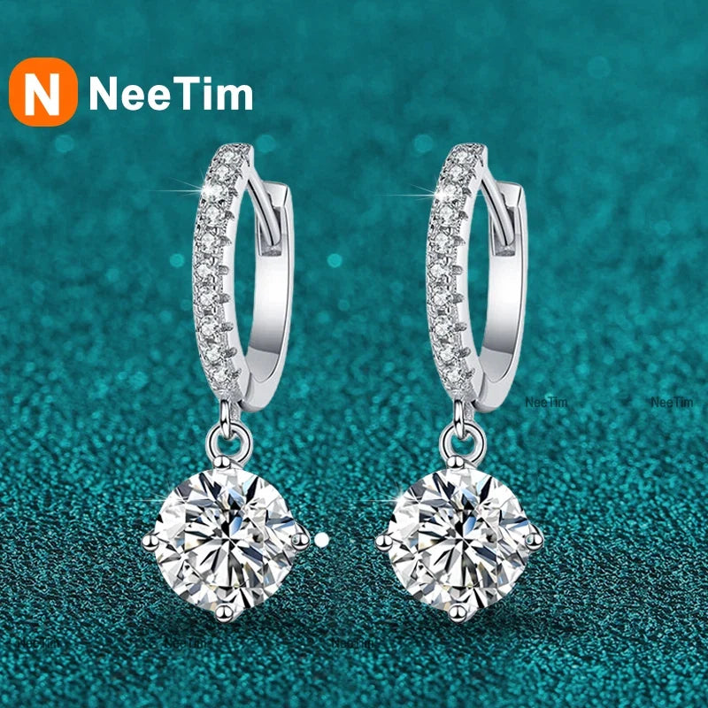 NeeTim 0.5ct 1ct S925 Sterling Silver Moissanite Drop Earrings Trendy Luxury Designer Earing for Women Gift With Certificate