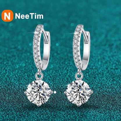 NeeTim 0.5ct 1ct S925 Sterling Silver Moissanite Drop Earrings Trendy Luxury Designer Earing for Women Gift With Certificate