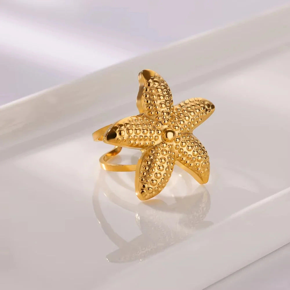 Starfish Shell Stainless Steel Open Rings For Women Fashion Gold Color Finger Ring Trendy Summer Beach Vacation Ocean Jewelry