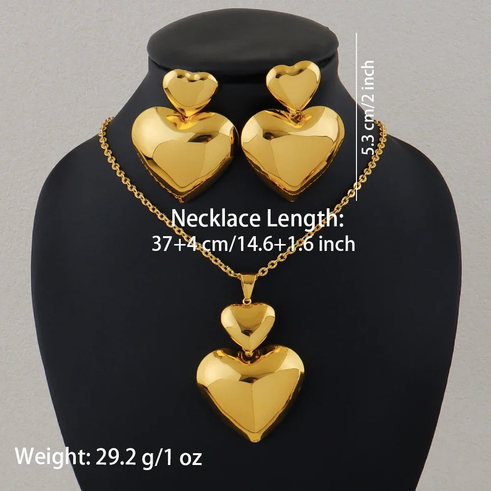 Gold Color Heart Shape Metal Pendant Earrings Sets 24K Gold Plated Simple Fashion Love Collarbone Chain Exquisite Holiday Gifts