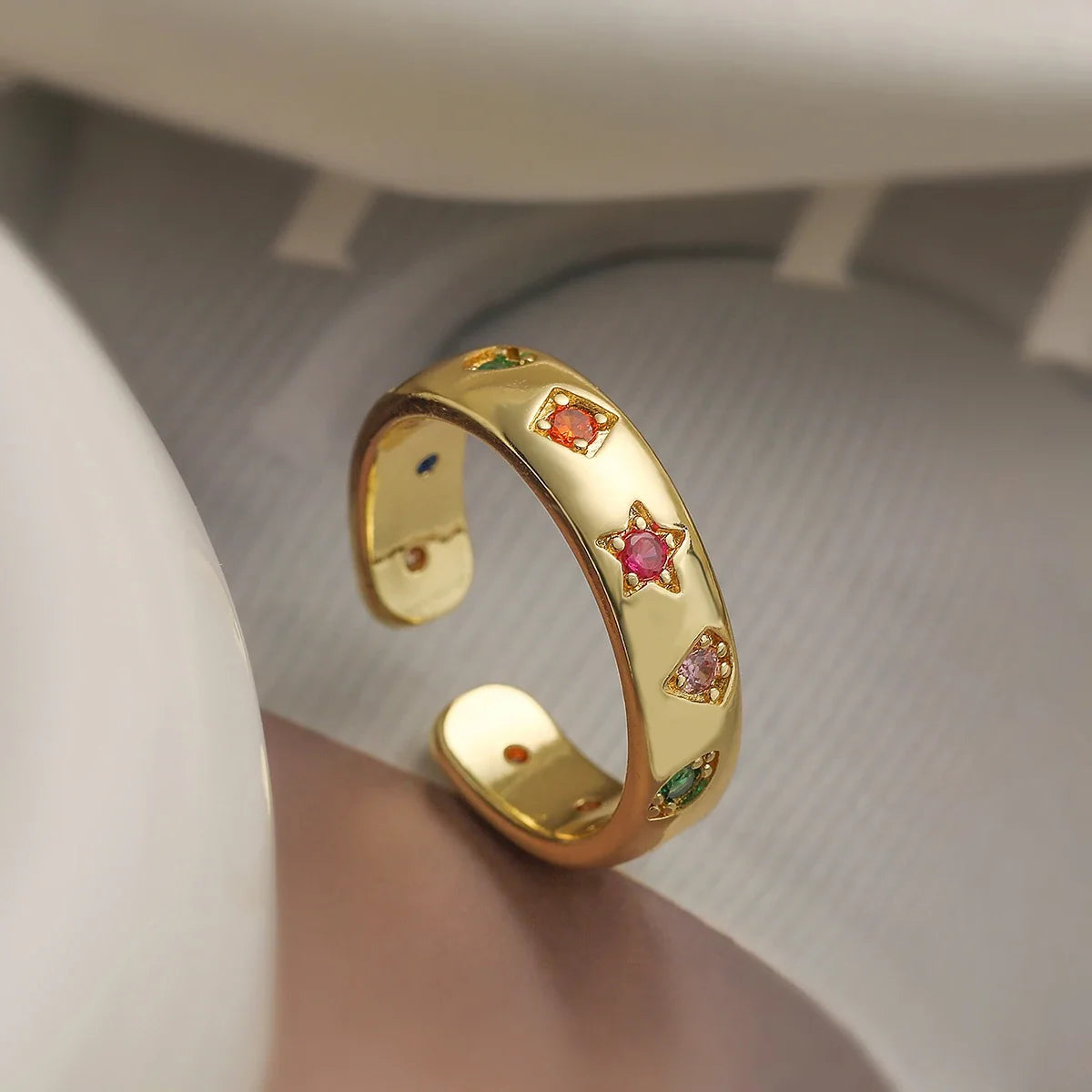 NEWBUY 2024 New Fashion Gold Color Colourful AAA CZ Zircon Inlay Jewelry Open Design Wedding Bands Rings For Women Girl