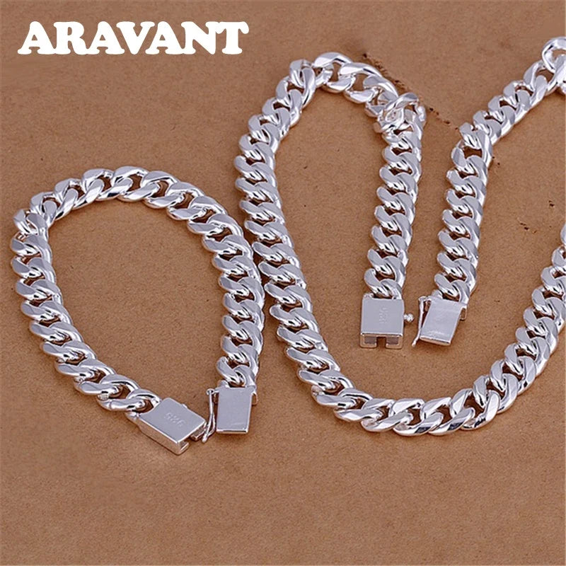 Aravant 925 Silver 10MM Necklace Bracelets Chain Set For Men Women Fashion Jewelry
