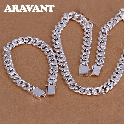 Aravant 925 Silver 10MM Necklace Bracelets Chain Set For Men Women Fashion Jewelry