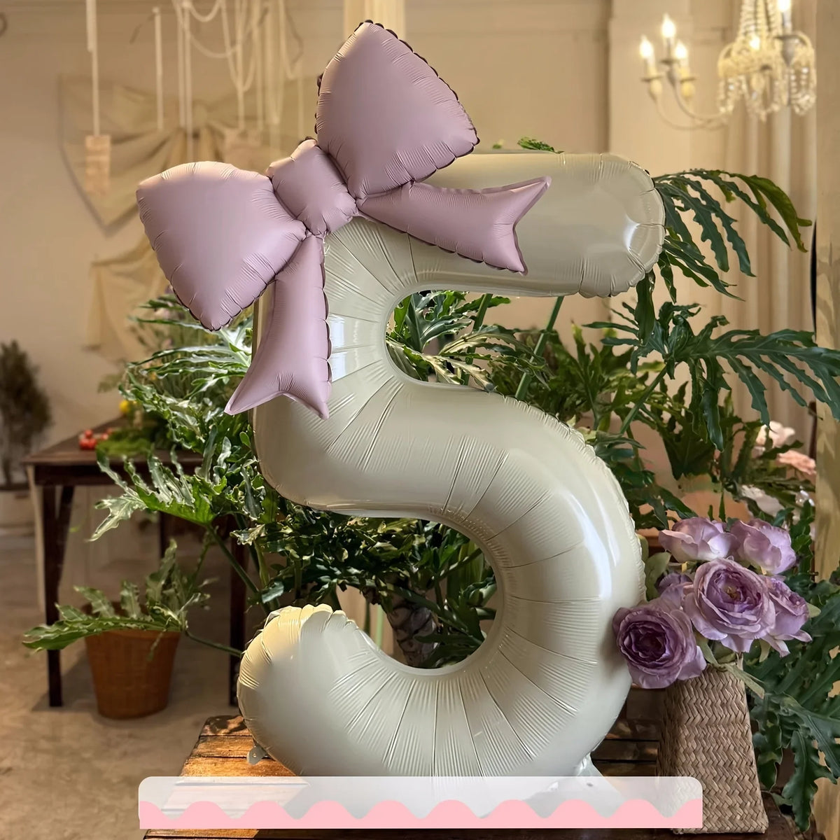 2 Pcs 32 Inch Cream Digital Balloon Set with Pink Bow | Aluminum Foil Party Decor