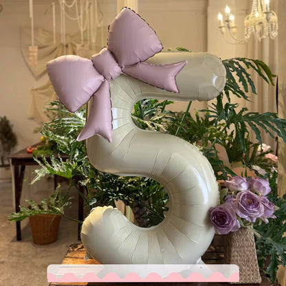 2 Pcs 32 Inch Cream Digital Balloon Set with Pink Bow | Aluminum Foil Party Decor
