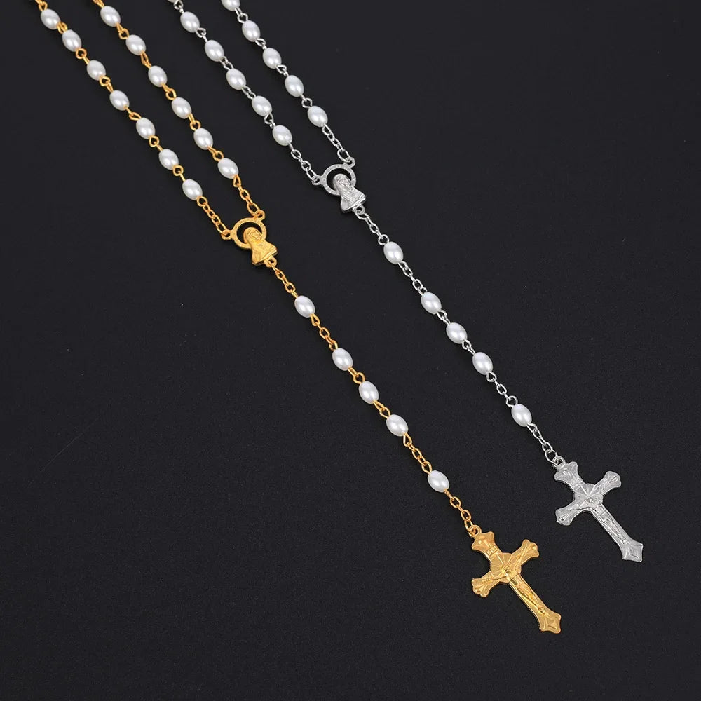 White Oval Pearl Rosary Necklace For Women Catholic Religious Crucifix Cross Pendant Gold Silver Color Chain Men Prayer Jewelry