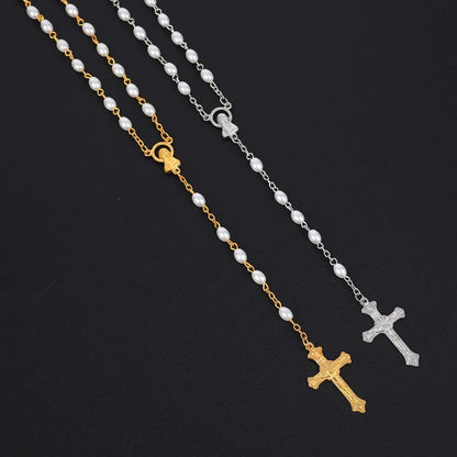 White Oval Pearl Rosary Necklace For Women Catholic Religious Crucifix Cross Pendant Gold Silver Color Chain Men Prayer Jewelry