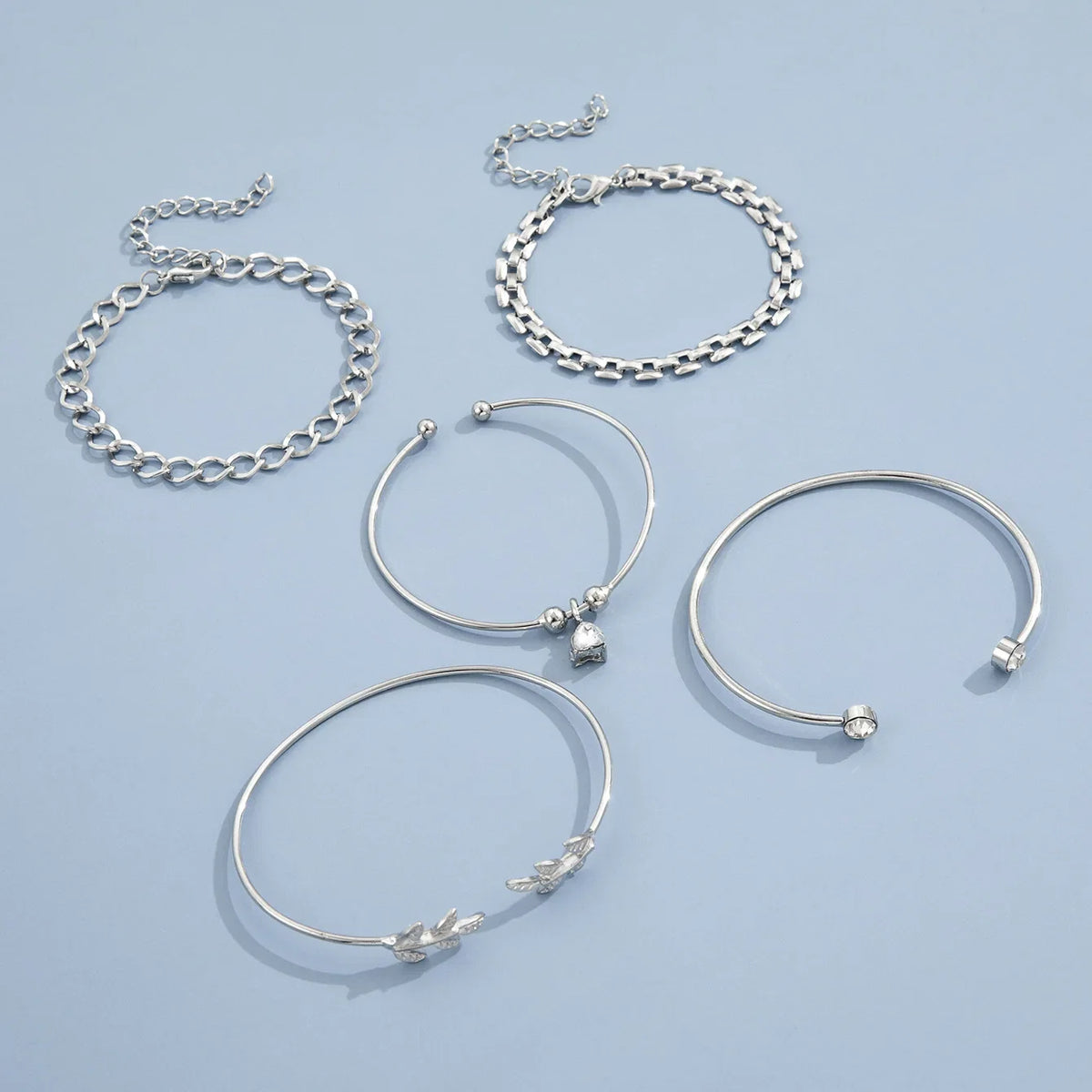 Bohemian Silver Color Geometric Link Chain Bracelet Set For Women Crystal Leaf Open Cuff Bangle Female Boho Jewelry Accessory