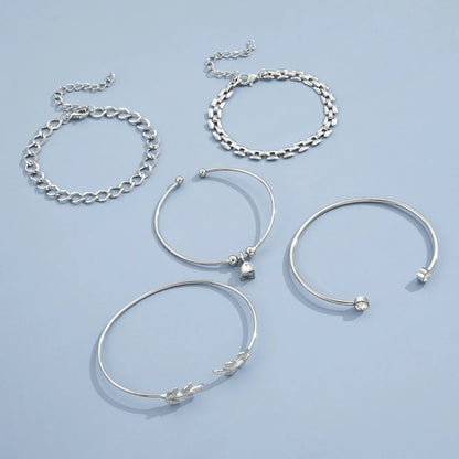 Bohemian Silver Color Geometric Link Chain Bracelet Set For Women Crystal Leaf Open Cuff Bangle Female Boho Jewelry Accessory