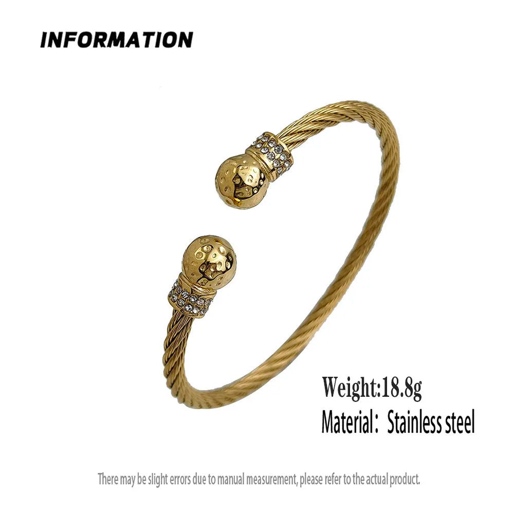 Wire twisted double ball zirconia stainless steel gold plated 18K bracelet, high quality waterproof silver jewelry, couple gift