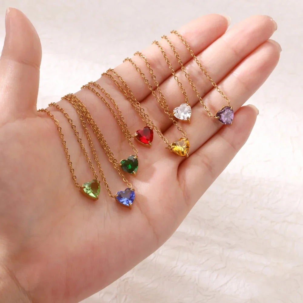 Stainless Steel Birthstone Pendant Necklace for Women Fashion Heart Crystal Zircon Charm Clavicle Chain Birthday Party Jewelry