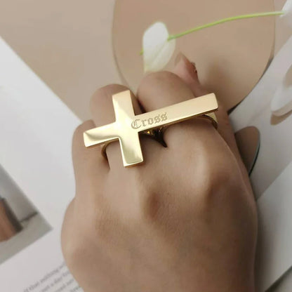Custom Cross Ring Two Finger Ring Engraving Name Silver Stainless Steel Ring Men Knuckle Jewelry Personalized Gift for Boyfriend