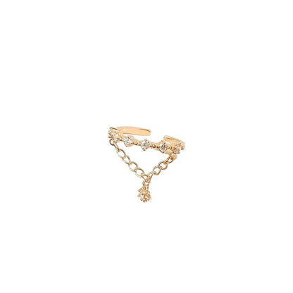 Shinny Rhinestone Gold Color Chain Star Pendant Open Rings Korean Style Woman Fashion Jewelry Wedding Party Girl's Trendy Ring