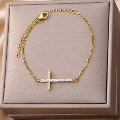 Crystal Cross Bracelets For Women Fashion Gold Plated Stainless Steel Cross Bracelet Vintage Religion Aesthetic Jewelry Gift