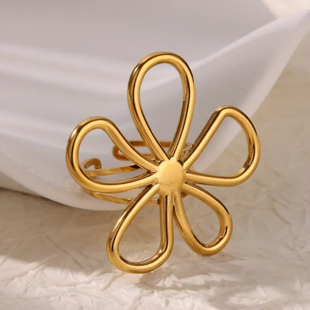 Elegant Stainless Steel Big Bloom Flower Rings For Women Gold Color Sun Starfish Open Ring Finger Jewelry Wedding Her Gift Punk