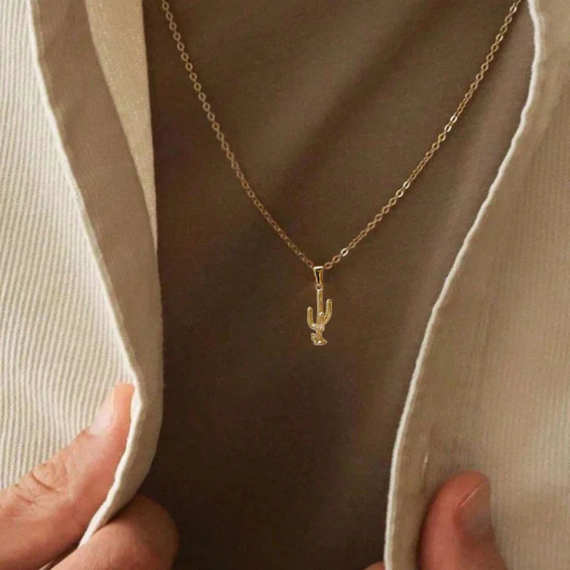 Trendy Gold - Plated Stainless Steel Cactus Pendant Necklace for Men & Women - Non - Fading, Ideal Gift, Fashion Jewelry