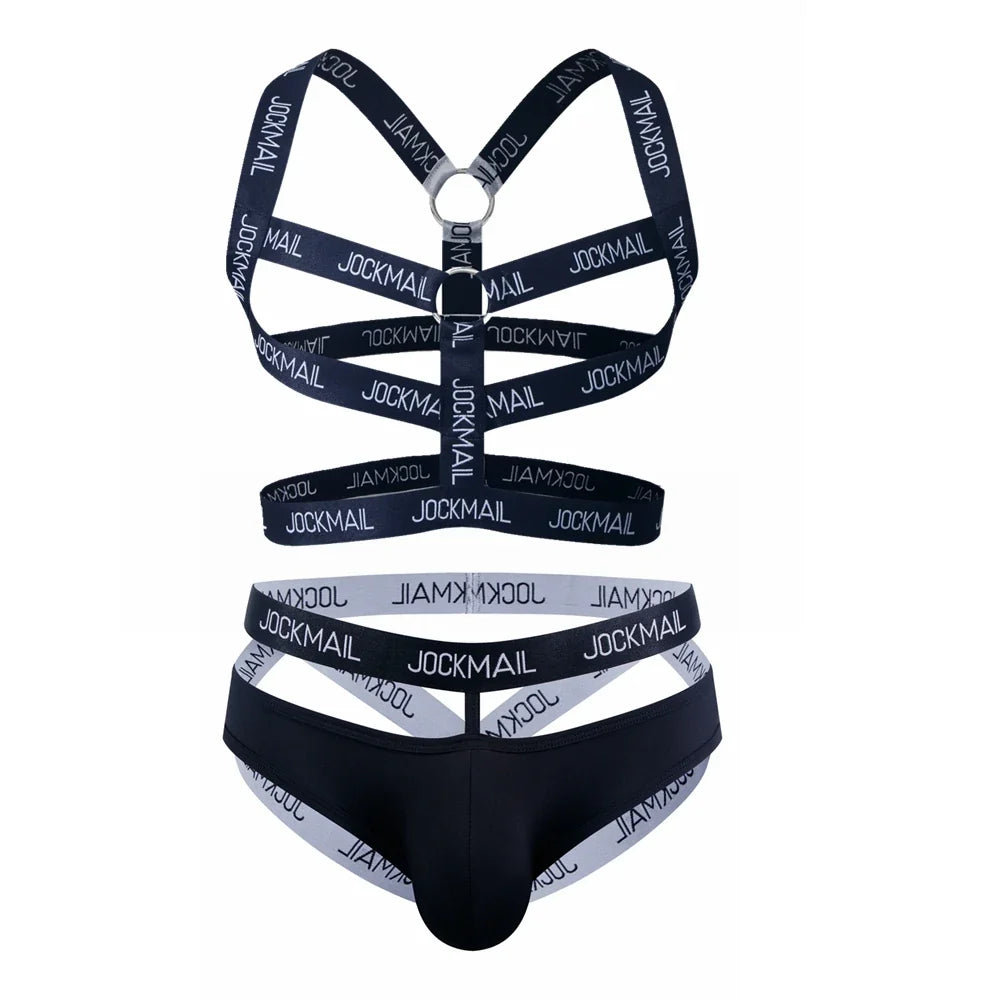 Sexy Gay Men Underwear Bondage Mens Harness Thongs Set Body Chest Costume G-string Jockstrap Lingerie Man Halter Neck Hollow Out