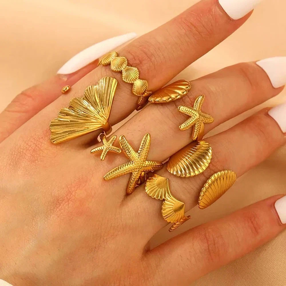 Starfish Shell Stainless Steel Open Rings For Women Fashion Gold Color Finger Ring Trendy Summer Beach Vacation Ocean Jewelry