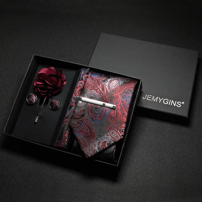 Wine red Men Tie Paisley Silk Tie Pocket Square Cufflink Luxury Gift Box Set Wedding Gravat Accessories Neck Tie For Men