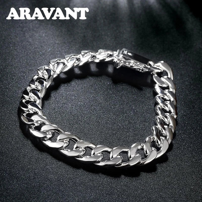 Aravant 925 Silver 10MM Necklace Bracelets Chain Set For Men Women Fashion Jewelry