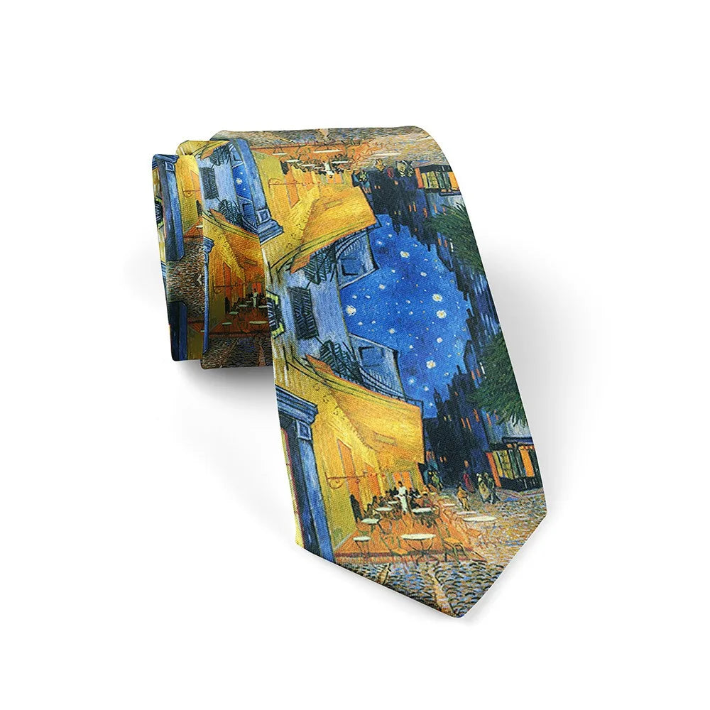 New Van Gogh Oil Painting Tie For Men Star Moon Night Retro Fun 8cm Wide Slim Necktie Accessories Daily Wear Wedding Party Gift
