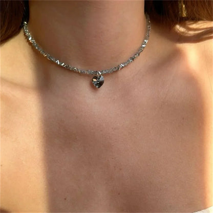 Fashion Vintage Sexy Zircon Heart Pendant Necklace For Women Female Boho Geometric Baroque Transparent Crystal Chain Jewelry