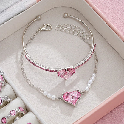14 PCS Pink Craystal Heart Pendants Necklace Earrings Ring Bracelet Sets For Women Girl Fashion Jewelry Set Wedding Jewelry Gift