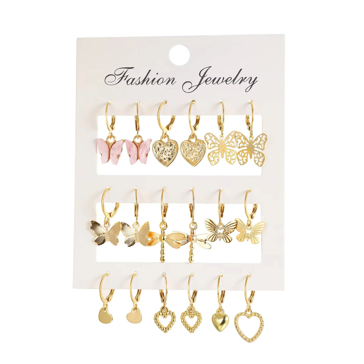 9 Pairs/ Set Exquisite Butterfly Heart Dragonfly Design Dangle Earrings Simple Vacation Style Delicate Holiday Earrings