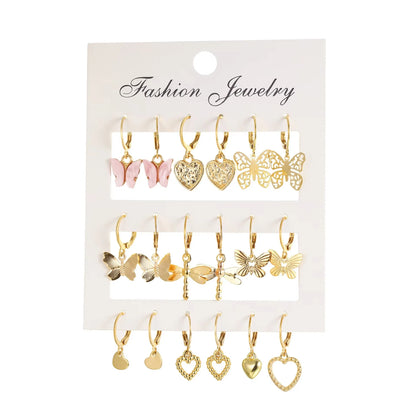 9 Pairs/ Set Exquisite Butterfly Heart Dragonfly Design Dangle Earrings Simple Vacation Style Delicate Holiday Earrings