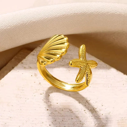 Starfish Shell Stainless Steel Open Rings For Women Fashion Gold Color Finger Ring Trendy Summer Beach Vacation Ocean Jewelry