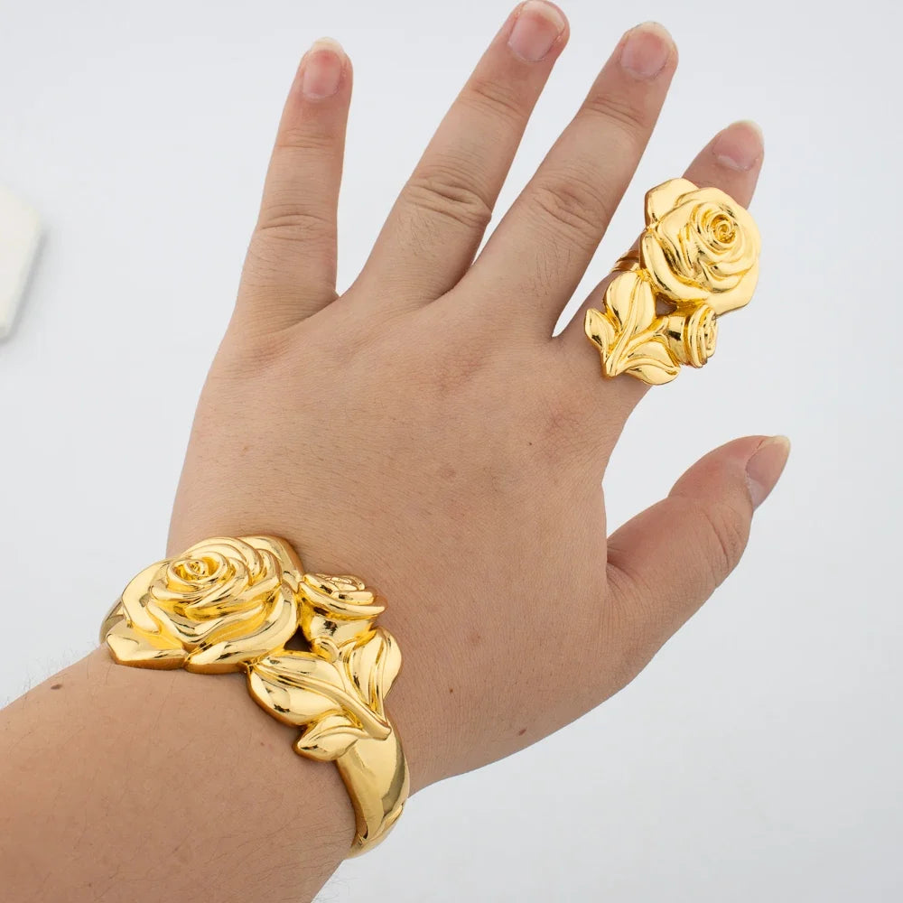 Leopard Design Bangle and Ring Jewelry Set Gold Plated African Bracelet Adjustable Ring Weddings Bridal Jewelry Accessories
