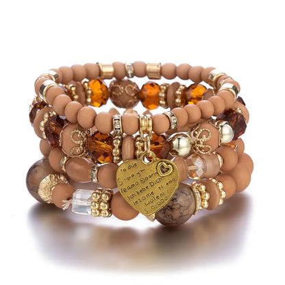 4Pcs Boho Crystal Beads Chain Bracelet Set For Women Vintage Heart Charm Elastic Bangle Female Fashion Party Jewelry
