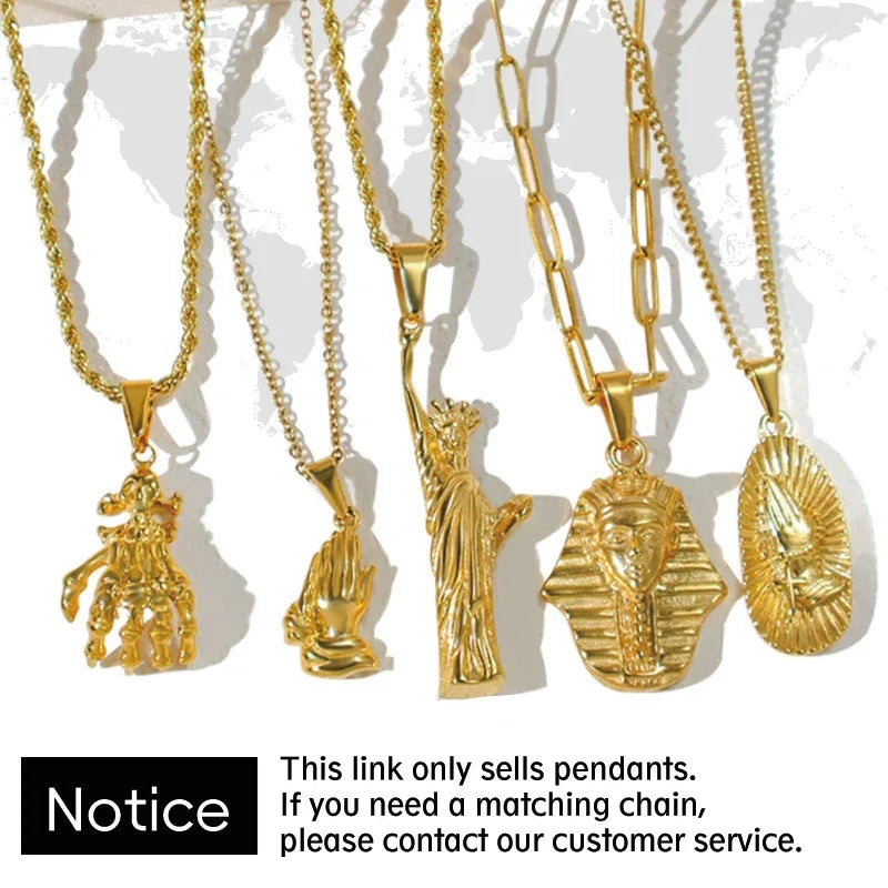 18K Gold Plated Stainless Steel Pendant Vintage Egyptian Pharaoh Portrait Lion Skull & Ghost Hand Charms Trendy Jewelry
