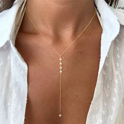 Y2K Simple Zircon Long Tassel Chain Necklaces for Women Metal Geometric Bead Choker Necklace Women's Jewelry