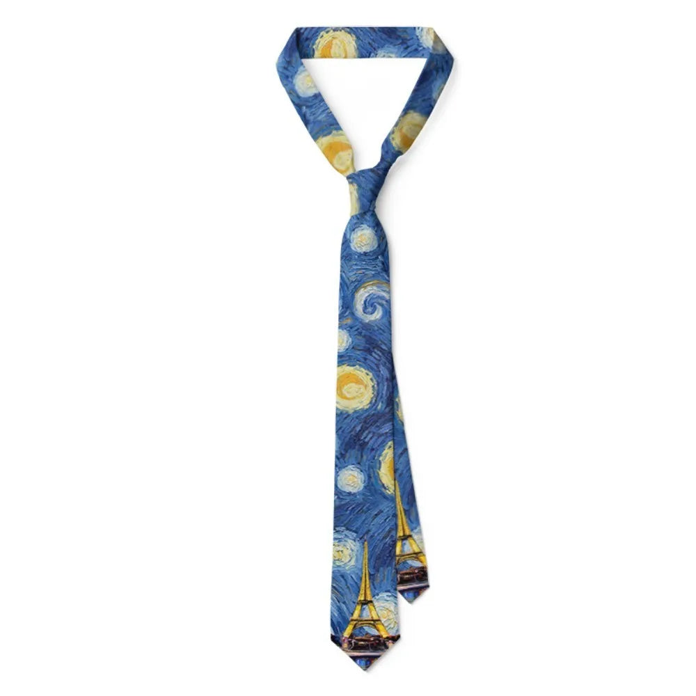 New Van Gogh Oil Painting Tie For Men Star Moon Night Retro Fun 8cm Wide Slim Necktie Accessories Daily Wear Wedding Party Gift