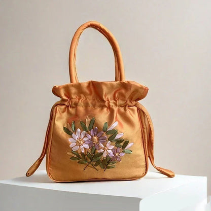 Small Embroidered Flower Bucket Bag | Women's Top Handle Drawstring Purse