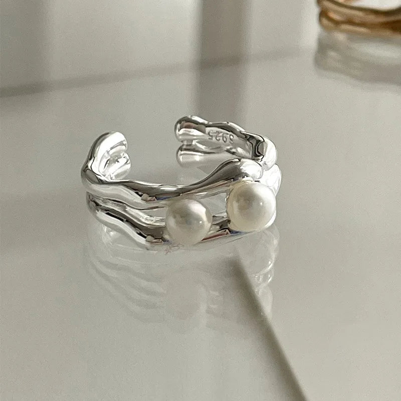 PANJBJ 925 Sterling Silver Pearl Irregular Ring | Women Shell Overlapping Hollow Sweet Design Jewelry