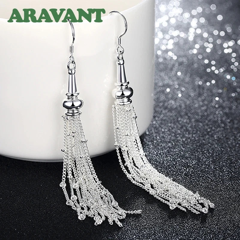Aravant 925 Silver Multi Chain Long Tassel Drop Earrings For Women Wedding Jewelry