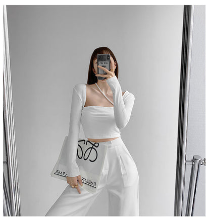 Cropped Tops Women Square Collar Slanted Shoulder Straps Halter Neck Long Sleeve T-shirt