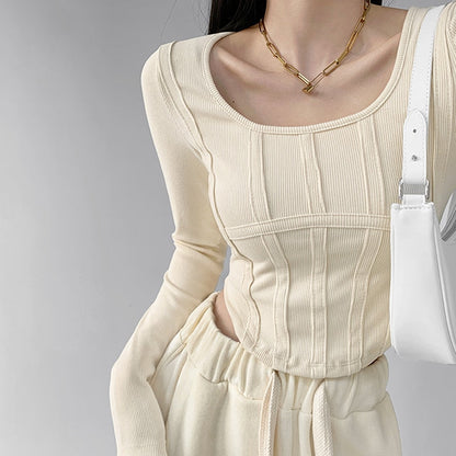 Fishbone Pattern Women's Long Sleeve T-shirt High Waist Slim Square Collar Tops Woman