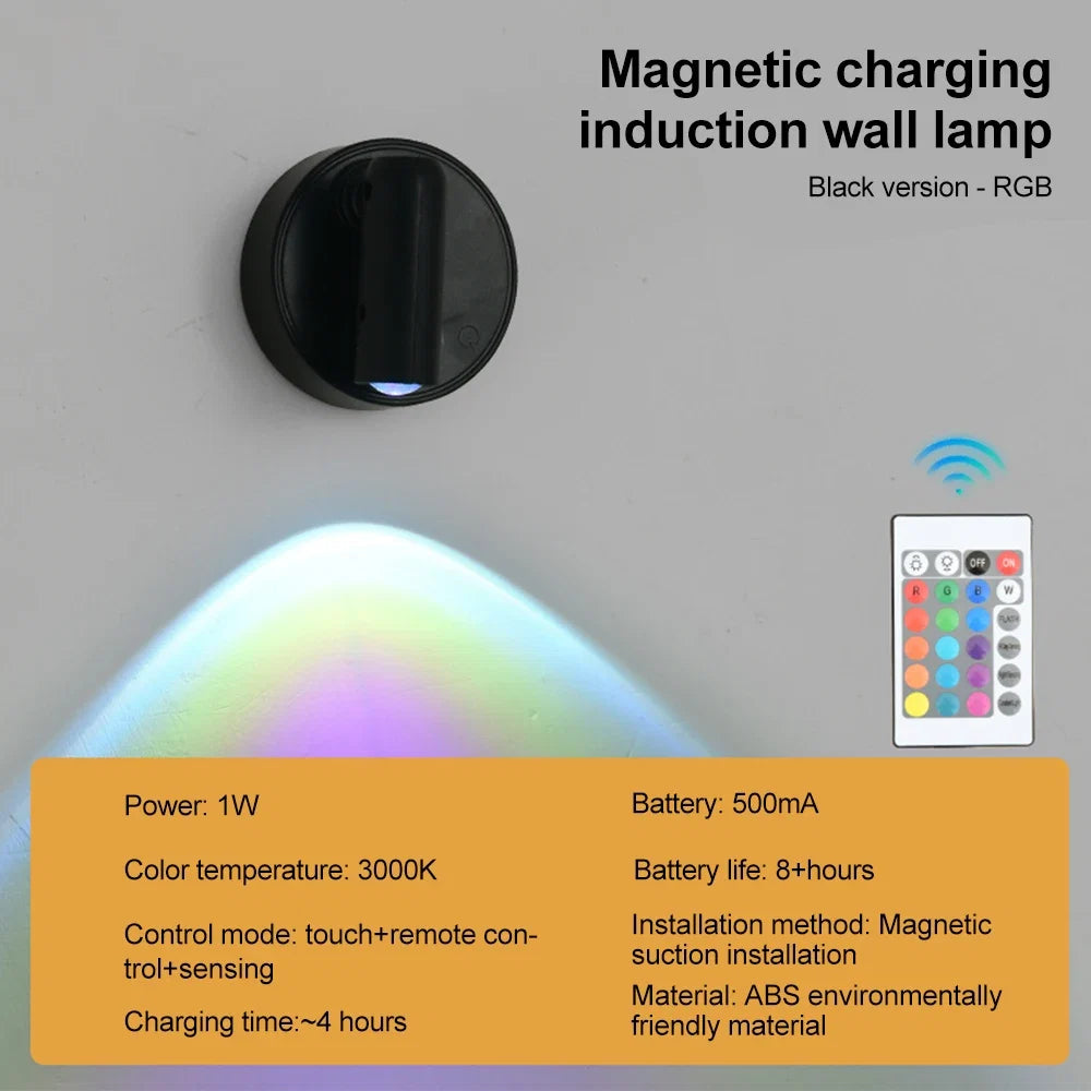 RGB Night Light | Magnetic Base USB Rechargeable LED Wall Lamp with Touch Switch