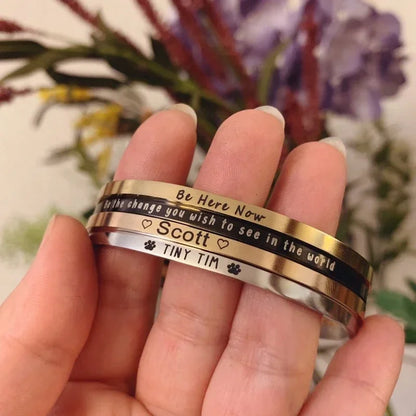 Customized Coordinate Engraved Name Text Heart Hole Cuff Bangle Personalized Bar Necklace Stainless Steel Bracelet Men Women Gif
