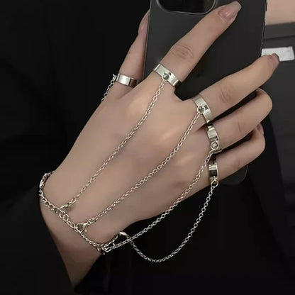 Punk Geometric Black Color Chain Wrist Bracelet Ring For Women Men Open Ring Silver Link Chain Girls Cool Design Fashion Jewelry