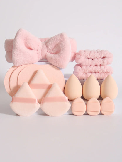 15Pcs Multi-Colored Fluffy Headband and Makeup Sponge Set | Sweet Style Beauty Kit