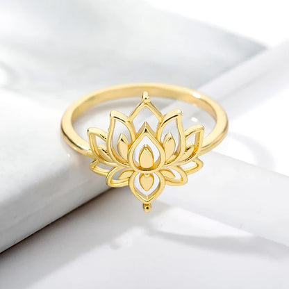 Lotus Flower Rings For Women Stainless Steel Gold Color Hollow Out Ring Fashion Wedding Party Aesthetic Jewelry Gift anillos