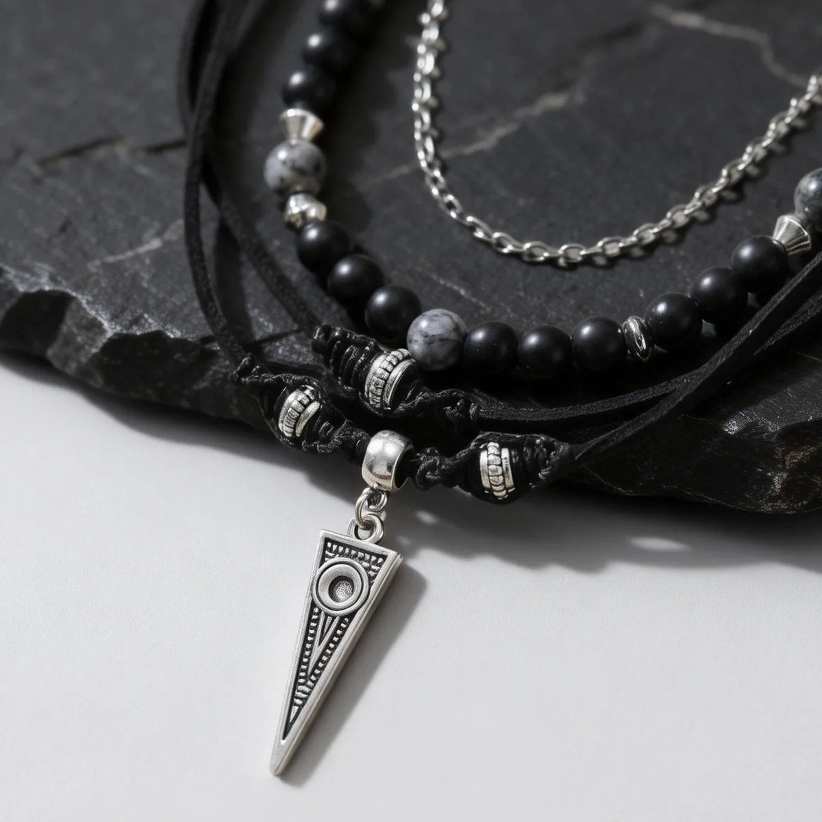Multi-Layer Black Leather Necklace | Rock Punk Geometric Pendant for Men