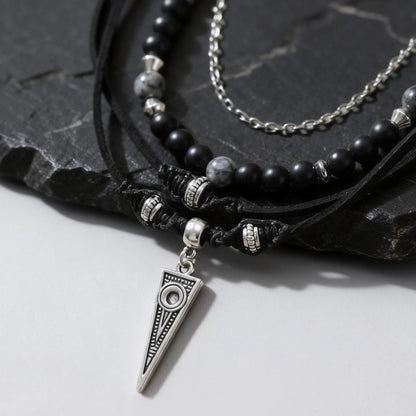 Multi-Layer Black Leather Necklace | Rock Punk Geometric Pendant for Men